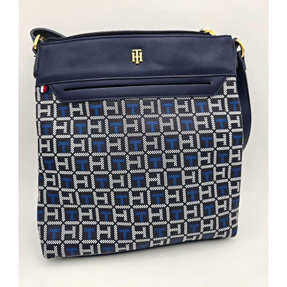 Tommy Hilfiger Monogram Crossbody Bag Navy Blue Jacquard TH Logo Purse Flat